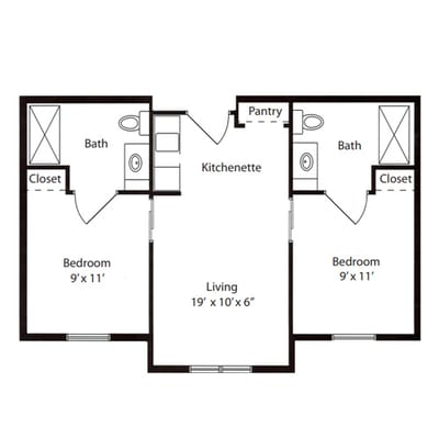 Architectural floor plan of a two-bedroom layout