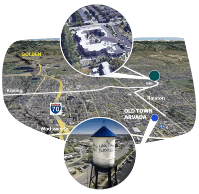 Aerial view of a location map with landmarks
