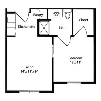 Floor plan of a one-bedroom apartment