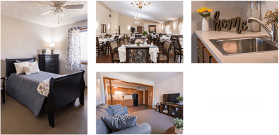 Well-furnished common areas and private room in a senior living facility