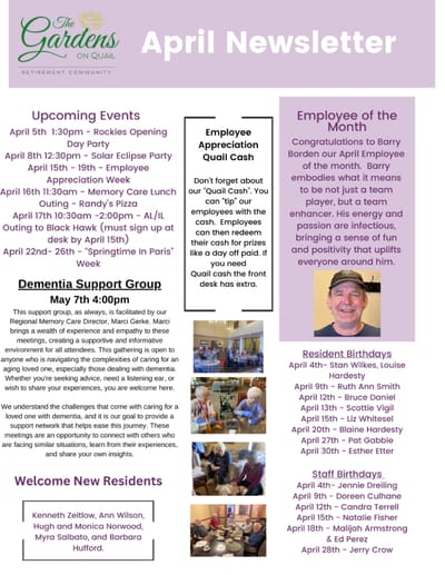 Newsletter featuring events and activities at The Gardens on Quail