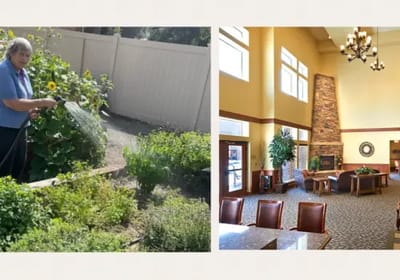 Resident watering plants in outdoor garden and common area lounge