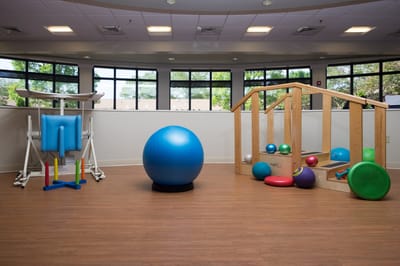 Activity room with exercise equipment and colorful therapy balls