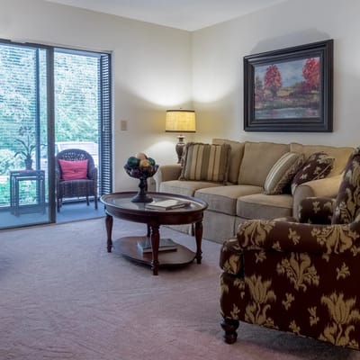 Cozy lounge area with a sofa and coffee table