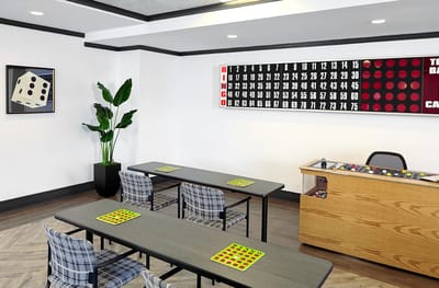 Activity room with tables set for bingo
