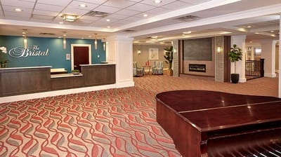 Lobby area with reception desk and seating