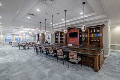 Interior view of a common area with a bar counter