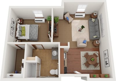 Aerial view of a senior living room and bedroom layout