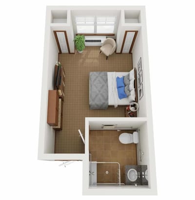 Floor plan of a private resident room with bathroom