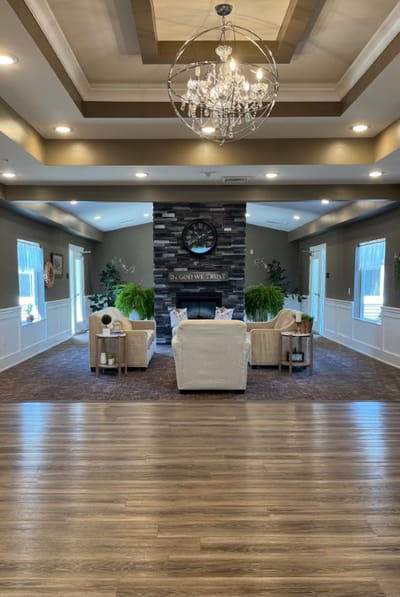Interior view of a welcoming common area with seating