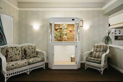 Cozy common area with decorative shelving and seating