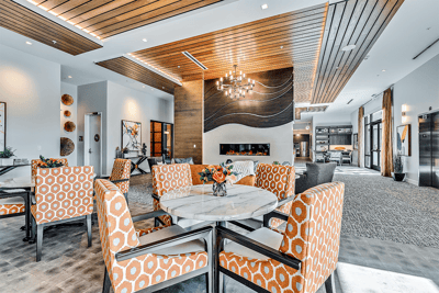 Bright, modern interior common area with seating