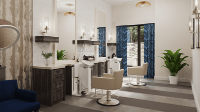 Modern salon area with hair styling chairs and plants