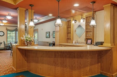 Common area with a reception desk and seating