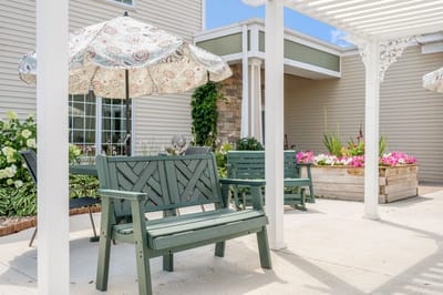 Outdoor seating area with decorative umbrellas