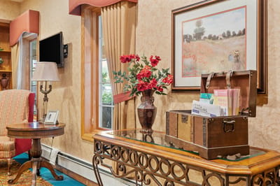 Interior of a warm living area with flowers and decorations