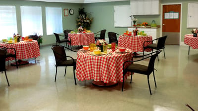 Dining room set up for a meal with checkered tablecloths