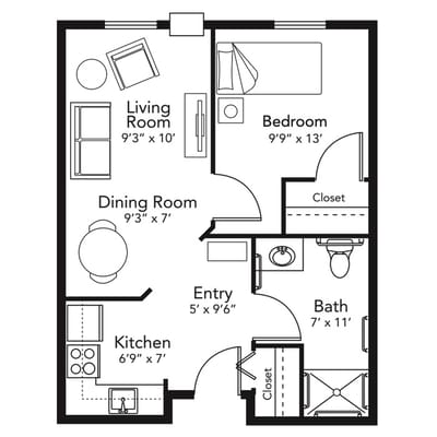 Architectural floor plan of a one-bedroom unit