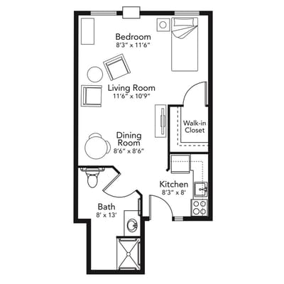 Architectural floor plan of a one-bedroom unit