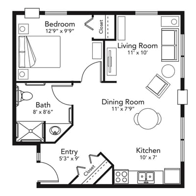 Architectural floor plan of a one-bedroom unit