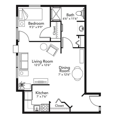 Architectural floor plan for a one-bedroom unit