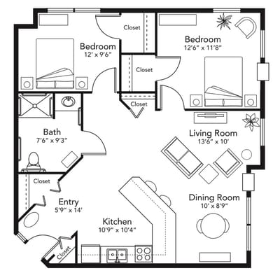 Architectural floor plan of a resident unit layout