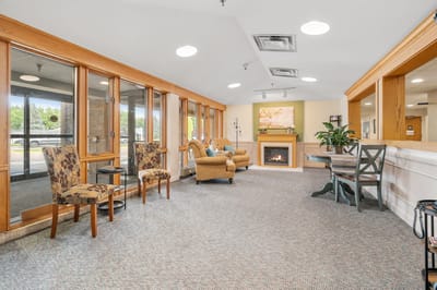 Interior view of a cozy common area with seating