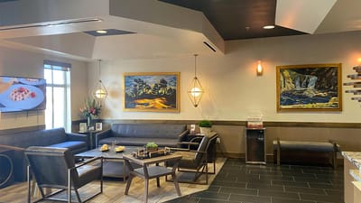 Interior lounge area with modern furniture and artworks