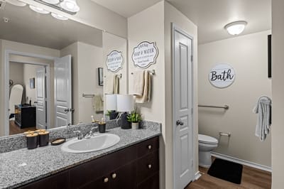 A well-decorated bathroom in a resident room