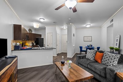 Stylish living room area in a resident unit