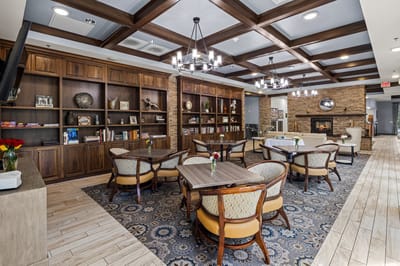 Bright dining area with tables and chairs