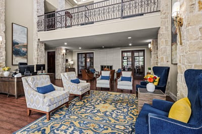 Bright and welcoming common area with seating and decor