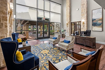 Bright lobby area with comfortable seating and natural light