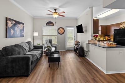 Interior view of a cozy common area with furniture