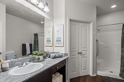 Well-lit bathroom area with decorations and amenities