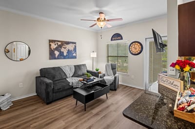 Cozy living room in a resident's unit