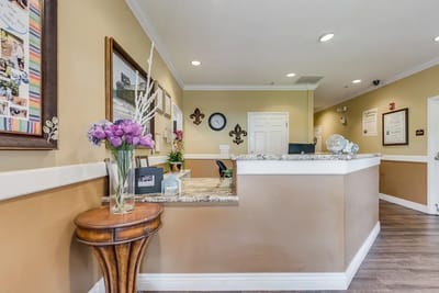 Reception area with flowers and decor