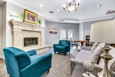 Interior common area with seating and fireplace