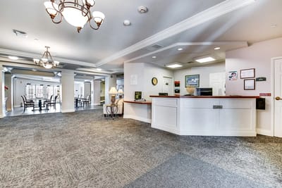 Bright interior lobby area with reception desk