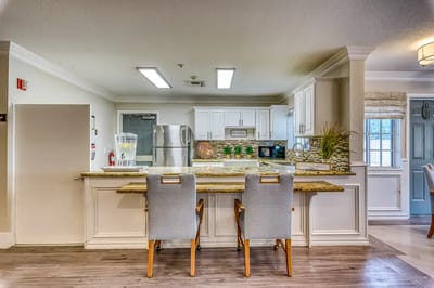 Bright interior kitchen space with seating