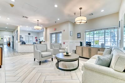 Bright and welcoming common area with seating
