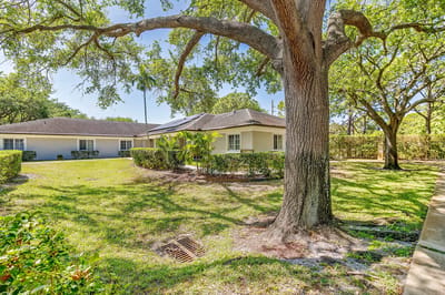 Exterior view of a senior living facility with green lawn