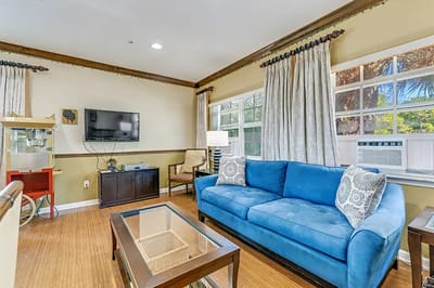 Cozy common area with a blue couch and TV