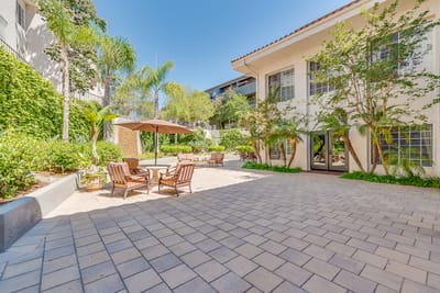 Outdoor seating area with loungers and palm trees