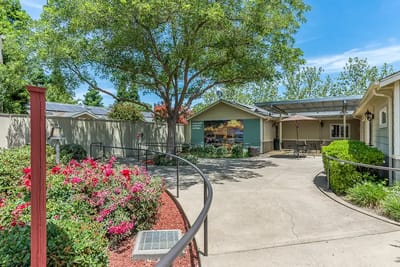 Outdoor space with pathways and landscaped gardens