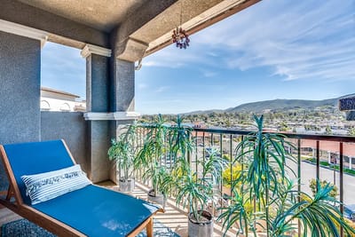 Balcony view with lounge chair and potted plants