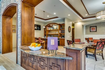 Interior dining area with wooden decor and seating