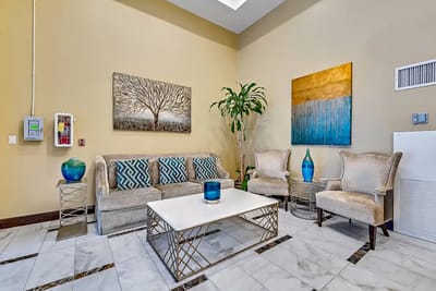 Interior common area with seating and artwork