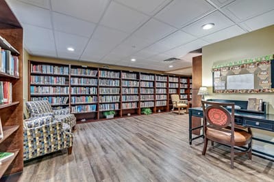 Quiet reading area with bookshelves and seating