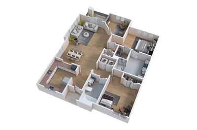 3D floor plan of a senior living unit